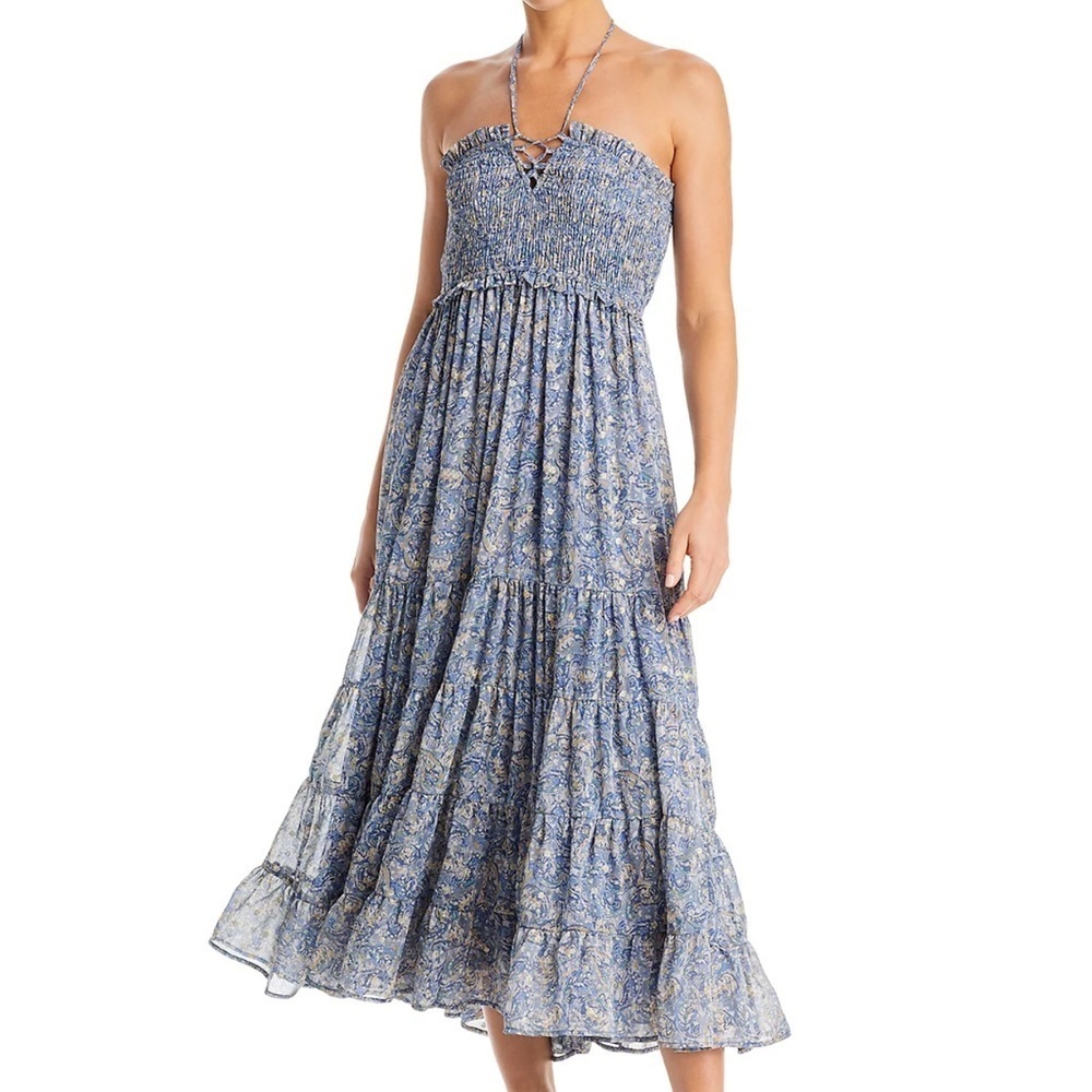 NWT AQUA Paisley Halter Smock Bodice Flare Tiered Ruffle Lined Dress Size Large